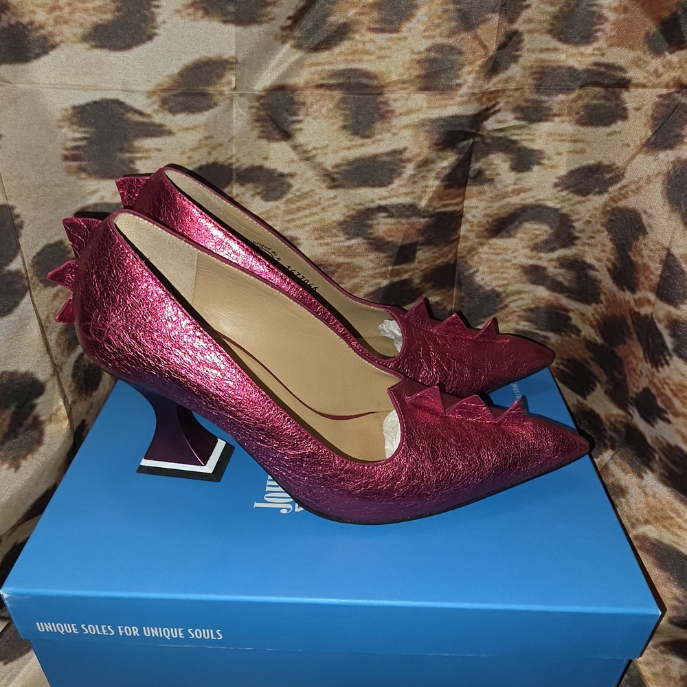 John Fluevog Esoteric Tenptations POLLY Dinosaur Metallic Pink Heels-Size 7/7.5
